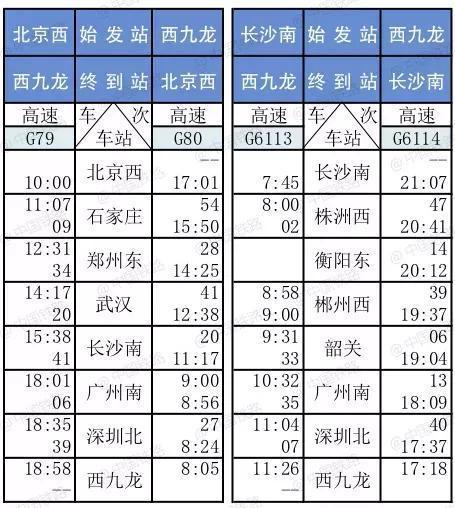 广深港高铁时刻表